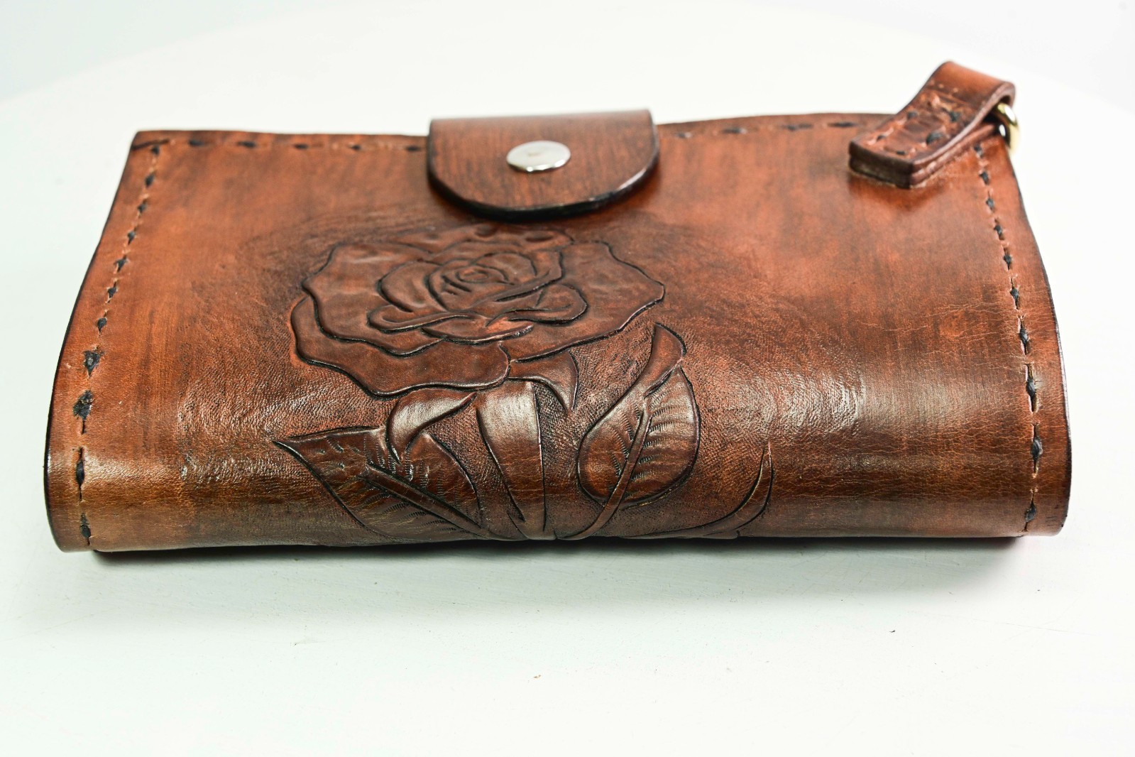 Handmade Hand Tooled Hand Stitched Rose Leather Clutch Wallet One of a Kind