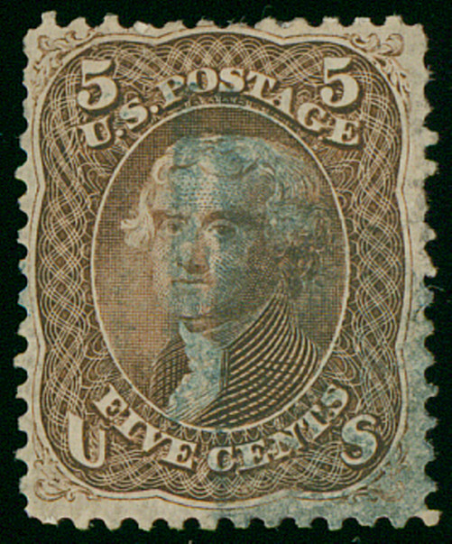 US Scott 75 Used, 5 Cent Red Brown, No Faults, Blue Cancel, SCV $425.00 US Scott 75 Used, 5 Cent Red Brown, No Faults, Blue Cancel, SCV $425.00
