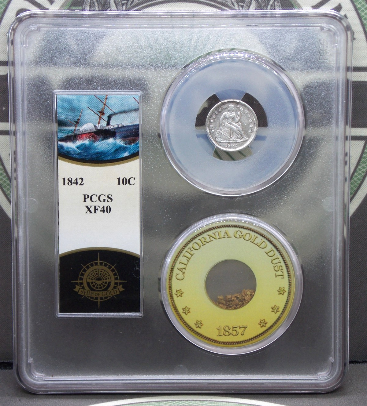 1842 Seated Liberty Dime Ship of Gold S.S Central America 1g Gold Dust PCGS XF40
