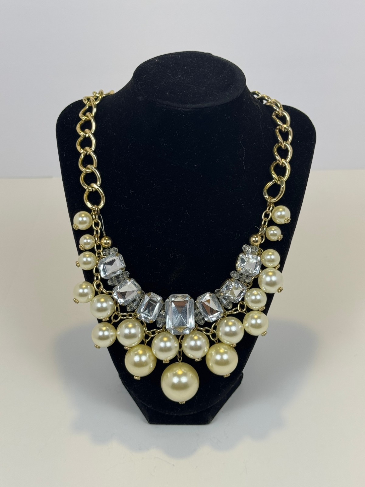 Gold Tone Faux Pearl Crystal Rhinestone Chunky Statement Bib Fashion Necklace