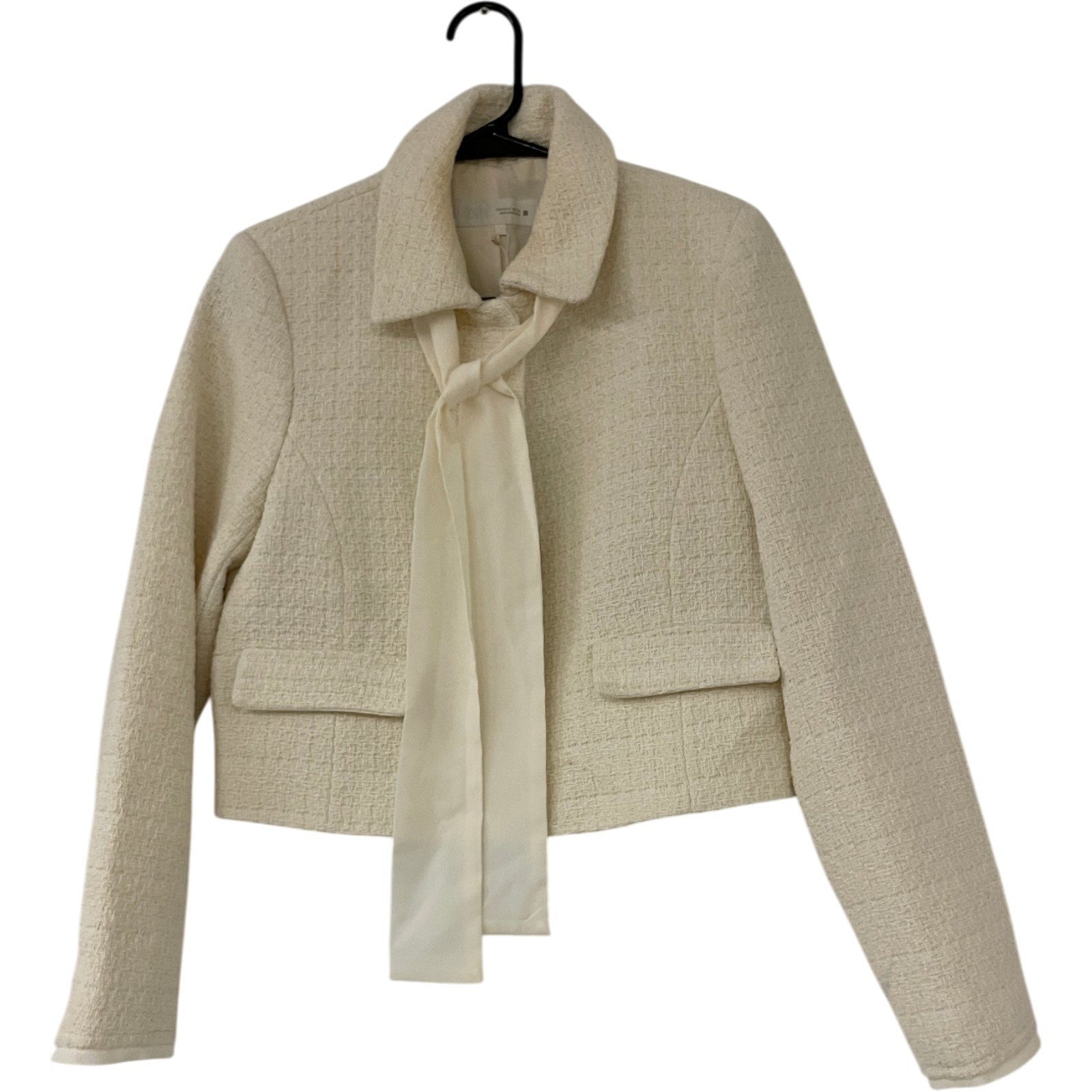Zara Womens Blazer Jacket S White Textured Bow Tweed Cropped Career 2465/122 NWT