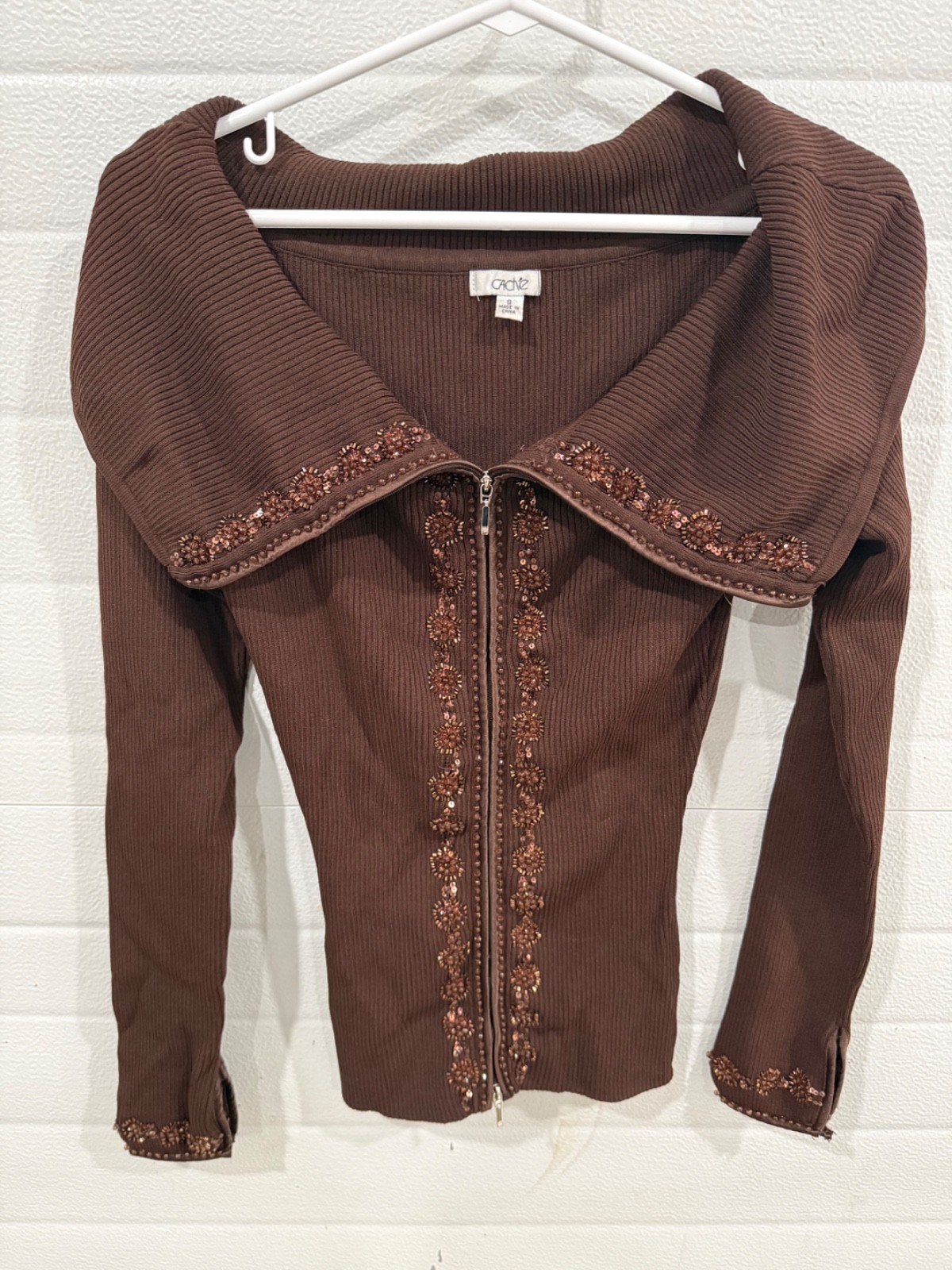 Vintage Y2K 90s Gabrielle Solis Cache Off Shoulder Beaded Brown Zip Up Sweater