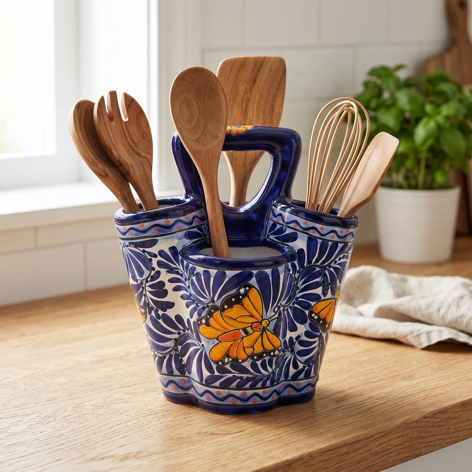 Talavera Utensil Holder | Blue & White Butterfly Design