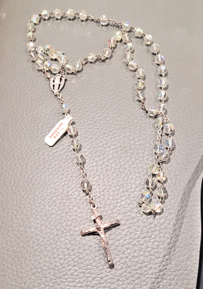 Vintage Italian Sterling Silver 925 Faceted Crystal Rosary AB Catholic Cross