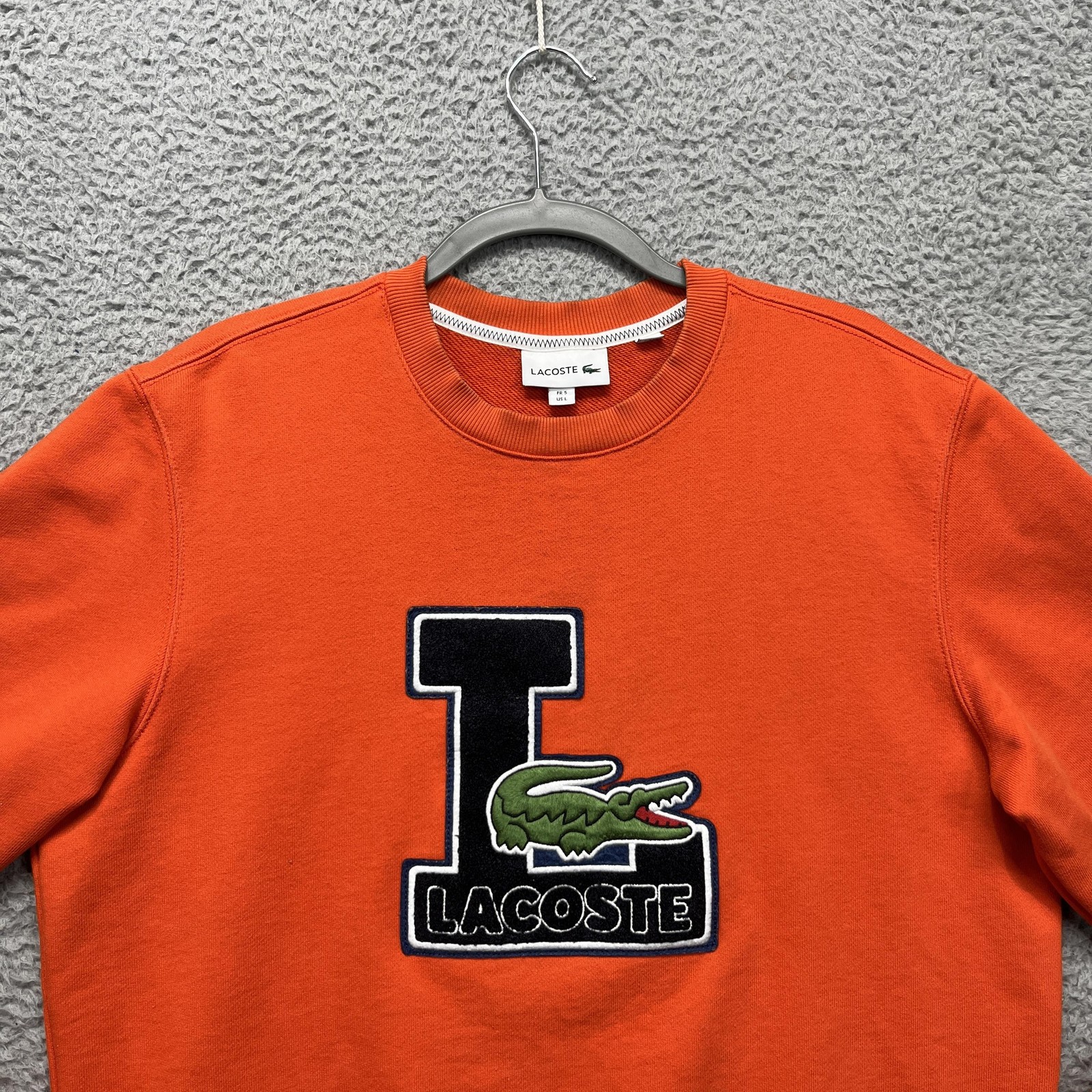 Lacoste Sweater Mens Large Orange Big Croc L Varsity Logo Fleece Crewneck