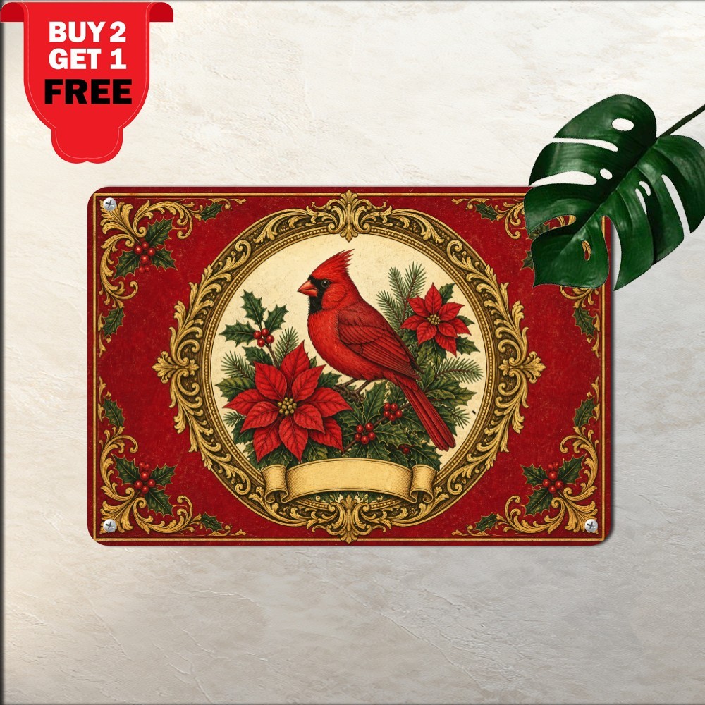 Red Cardinal Bird Botanical Floral Garden Wall Decor Retro Metal Tin Plaque