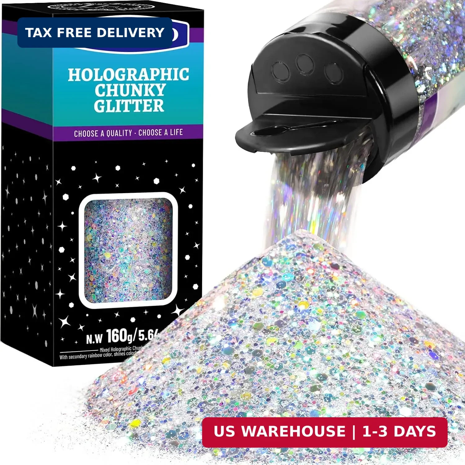 Silver Glitter, 160G/5.64OZ Holographic Chunky Glitter for Crafts, Resin, Bod...