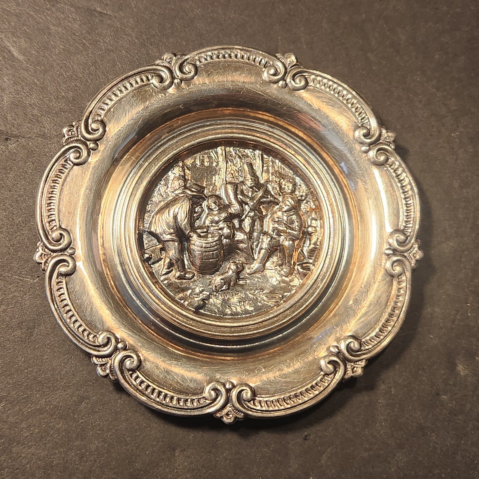 VTG Hans Jensen Denmark Silver Plate Repousse Tavern Scene Dish Coaster S&F