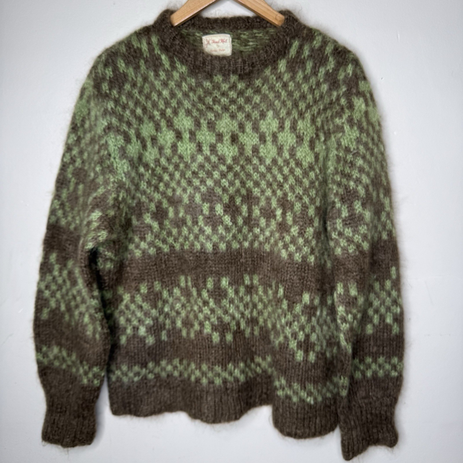 Vintage 1960s Shaggy Mohair Wool Sweater Brown Olive Green Cobain Grunge Mens L