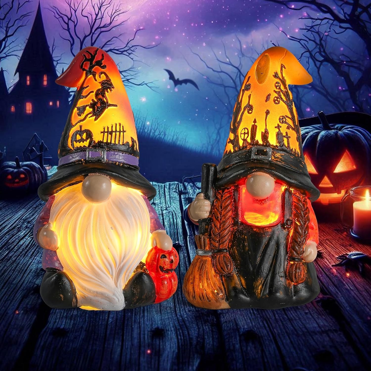 2Pack Halloween Gnomes and Witch Figurines Lights Up Fall Gnome Ornaments 2Pack Halloween Gnomes and Witch Figurines Lights Up Fall Gnome Ornaments