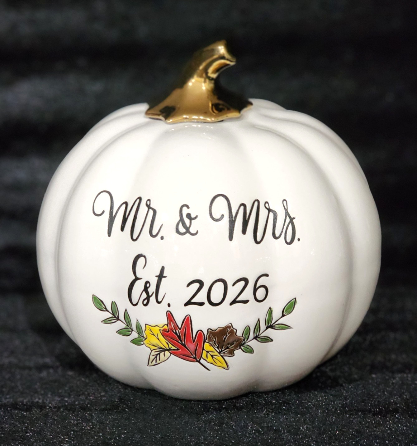 Mr. & Mrs. Est. 2026 Pumpkin Embossed Fall Leaves White Gold Stem Bridal Wedding