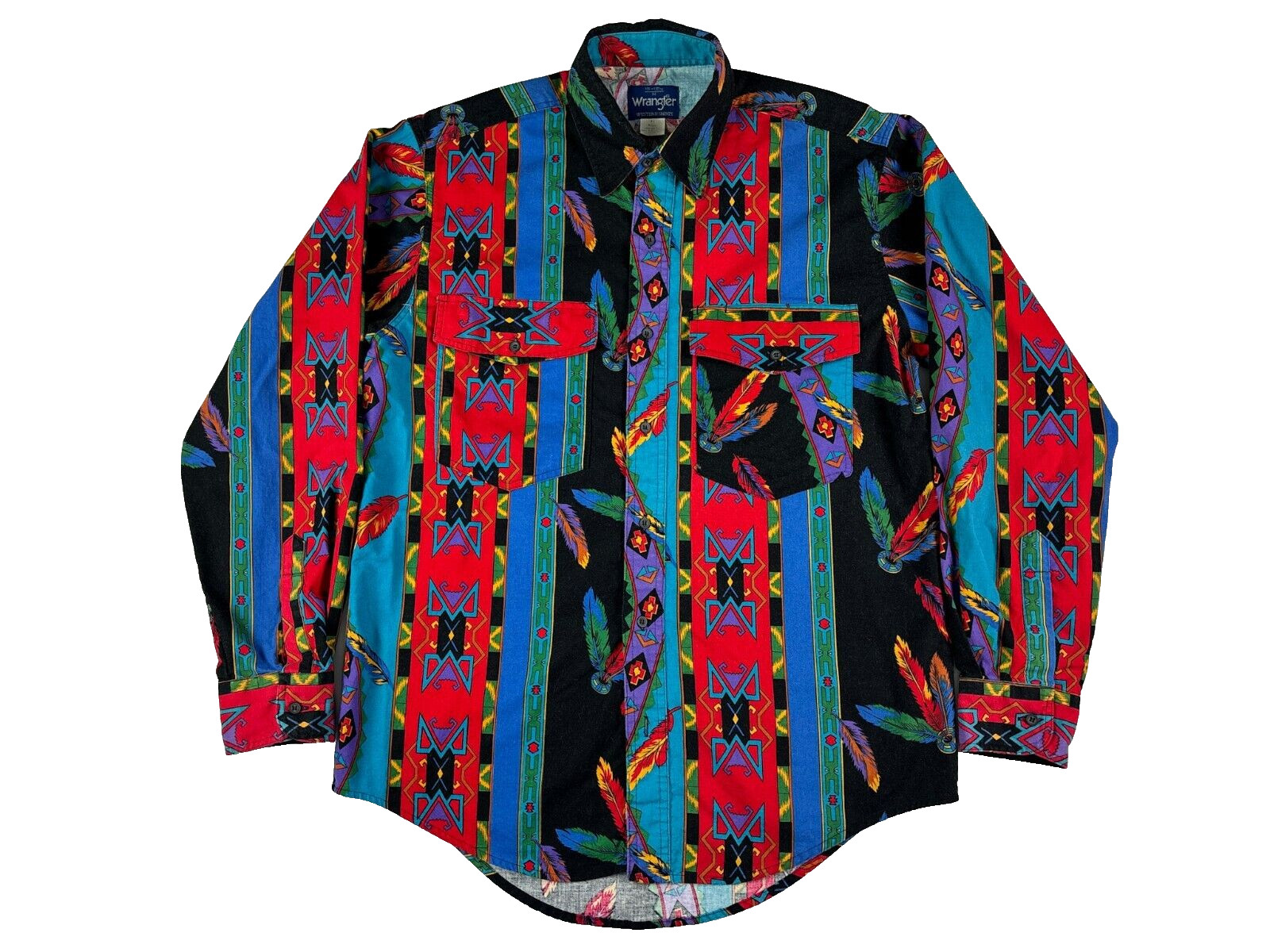 VTG Wrangler Brushpopper Western Button Up Shirt Mens M Red Blue Aztec Cowboy