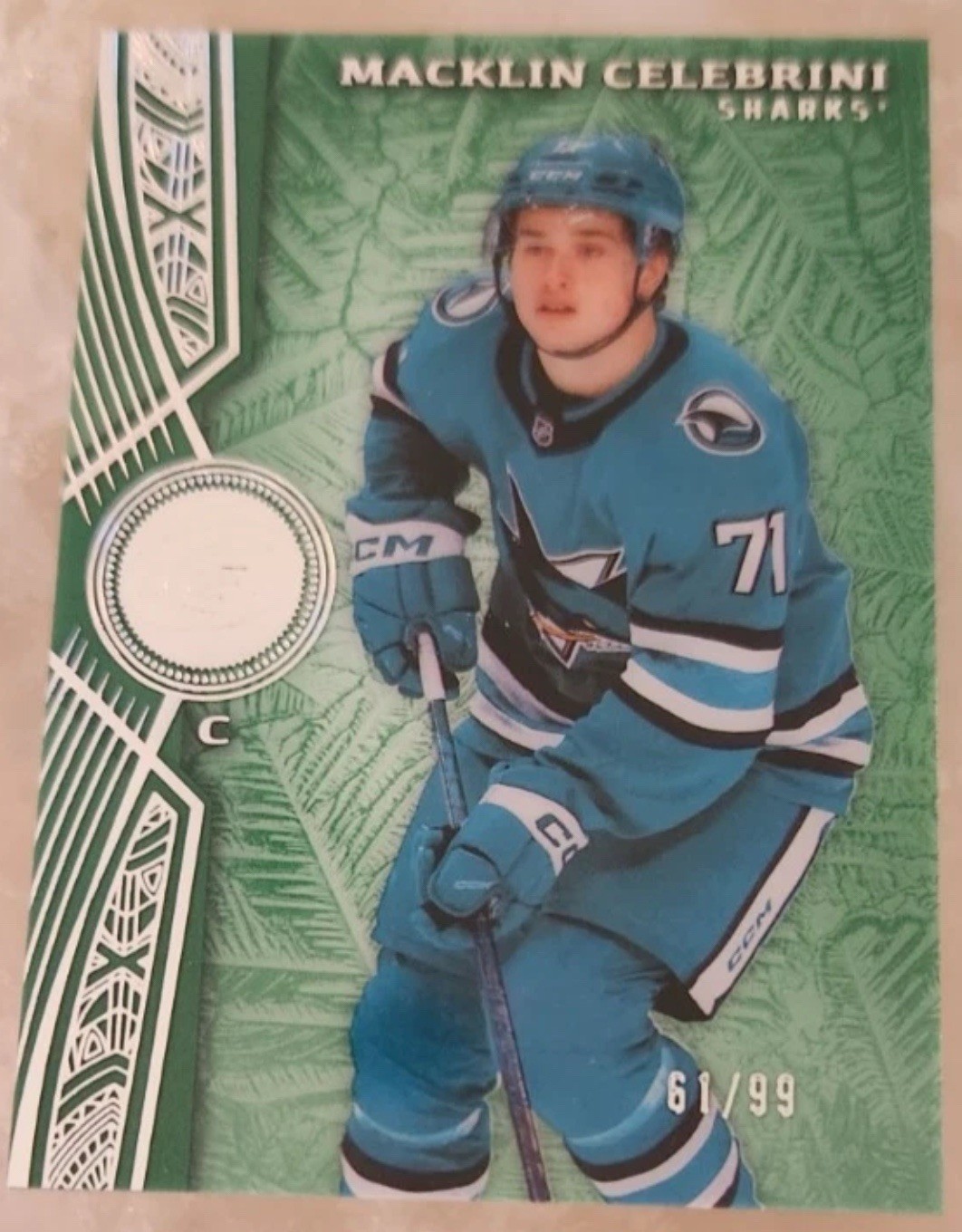 2025-26 UD Ice Macklin Celebrini Green Parallel /99 #64 San Jose Sharks RC 61/99