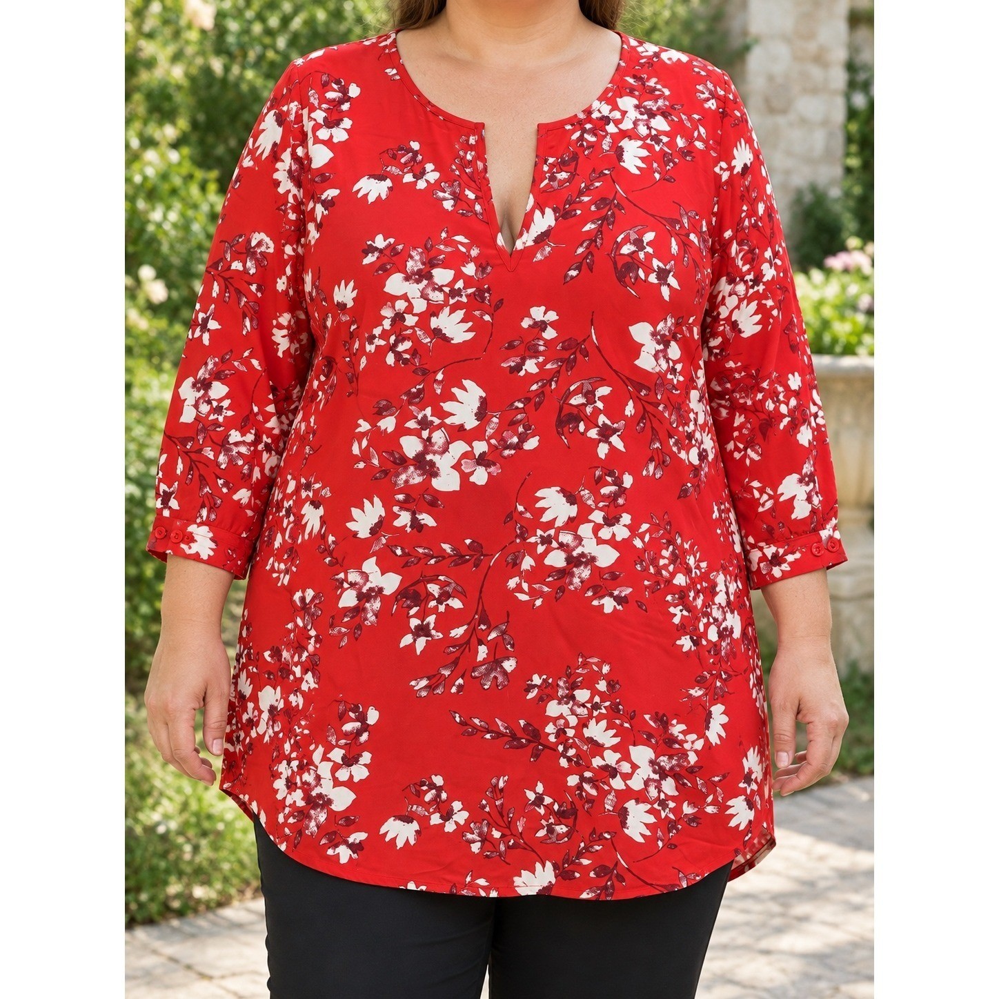 Ava & Viv 4X Red Floral Split Neck 3/4 Sleeve High Low Tunic Blouse