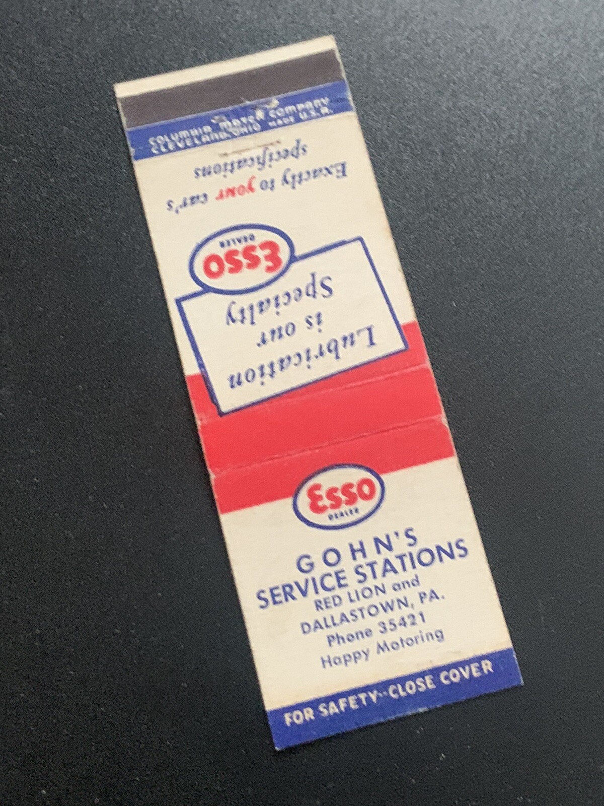 Vintage Pennsylvania Matchbook “Gohn’s Esso Service Stations” Red Lion