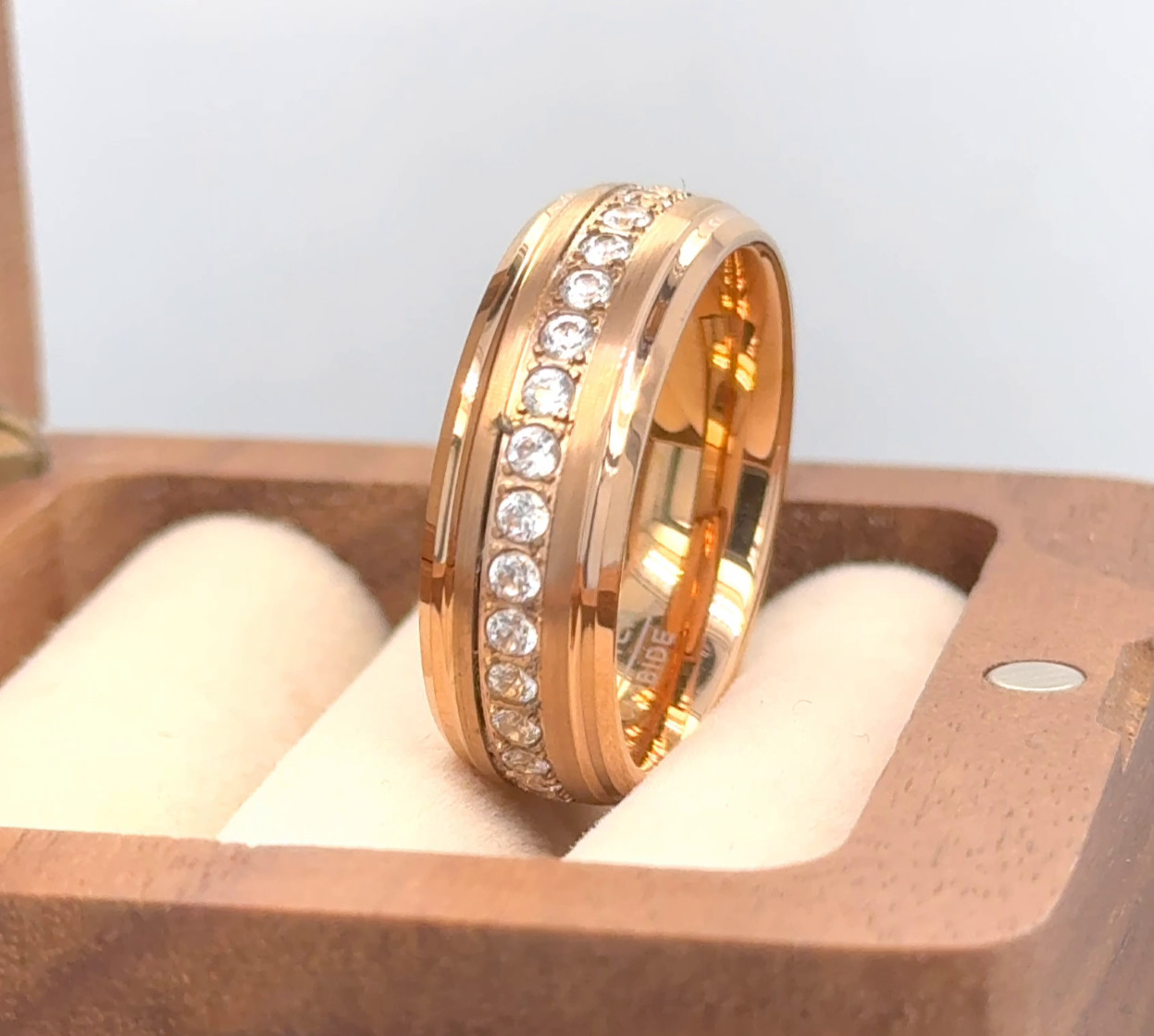 8mm Rose Gold Tungsten Wedding Ring – Sparkling CZ Eternity Band, Couple Gifts