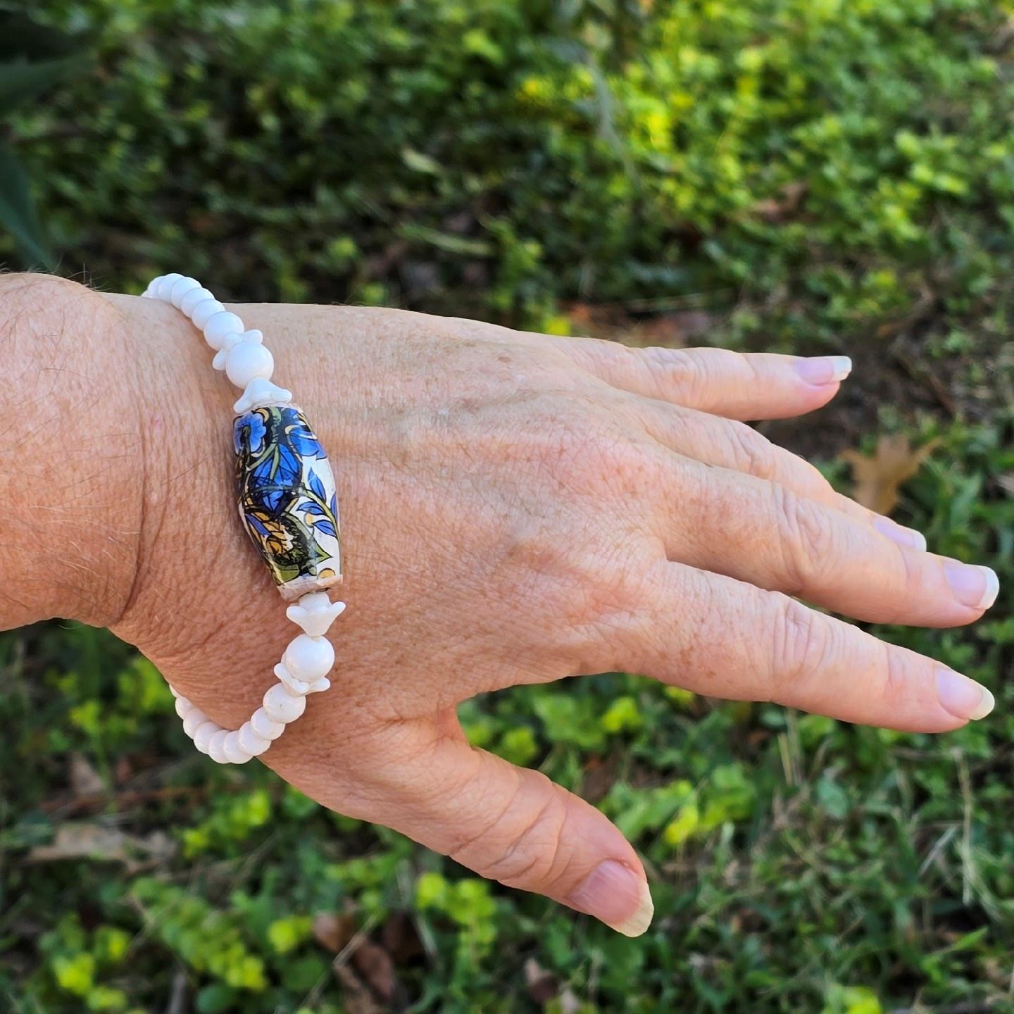 Vintage Boho German Lovely Floral Transfer Ceramic Bead Bracelet Mid Century