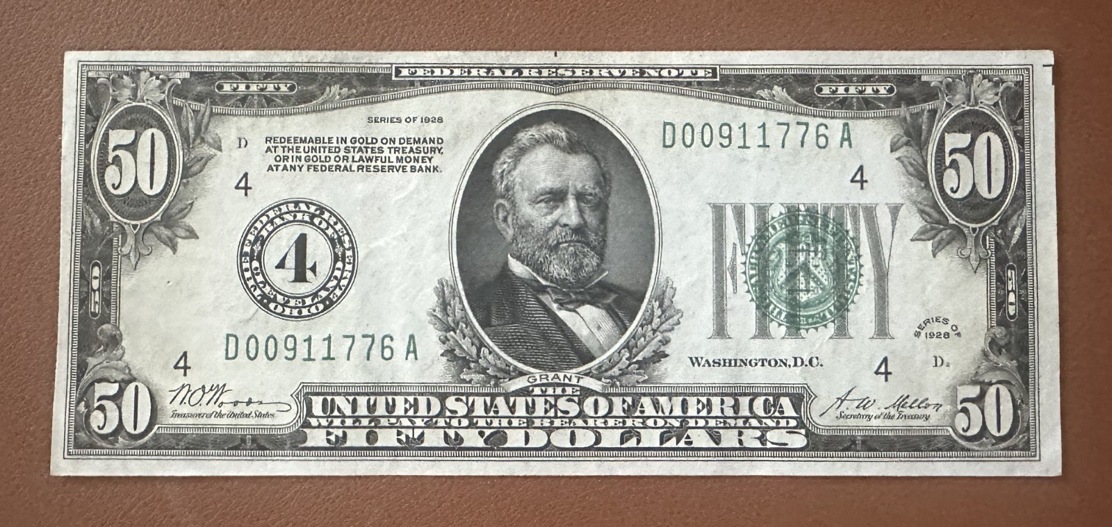 1928 $50 Federal Reserve Note Cleveland Gold Clause Fr 2100-D Serial D00911776A