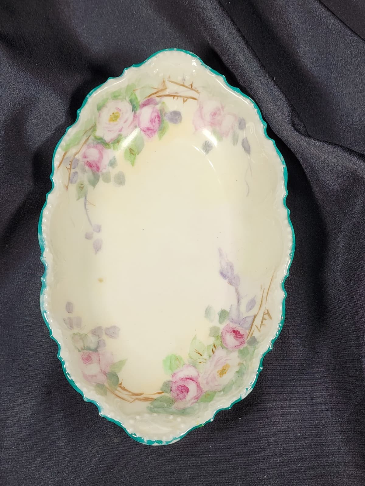 Antique Limoges France Hand Painted Pink Roses Relish Dish Coiffe Star Teal Rim