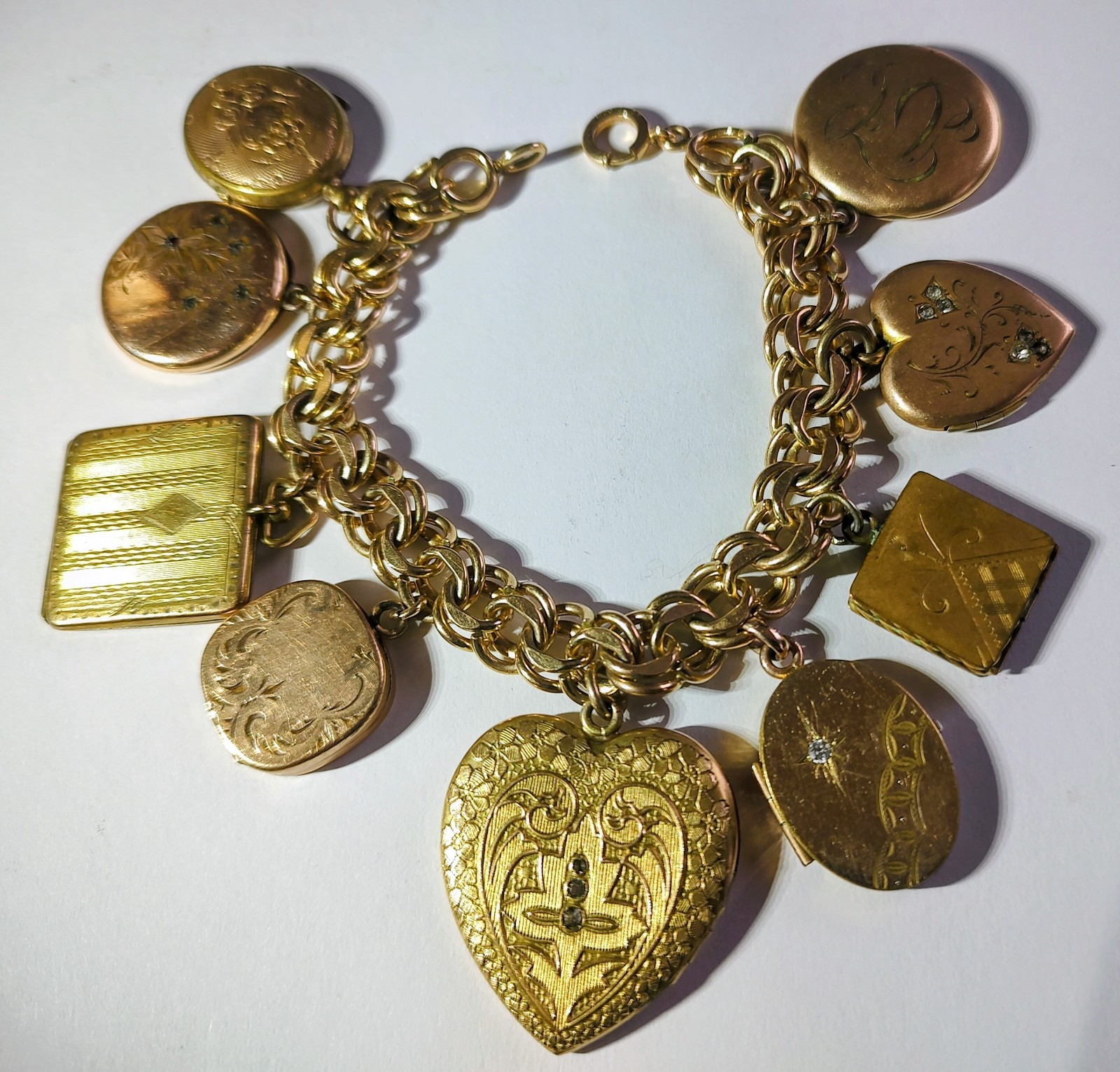 Vintage 1/20 12K Gold Filled Charm Bracelet 9 Engraved Lockets 85.48g