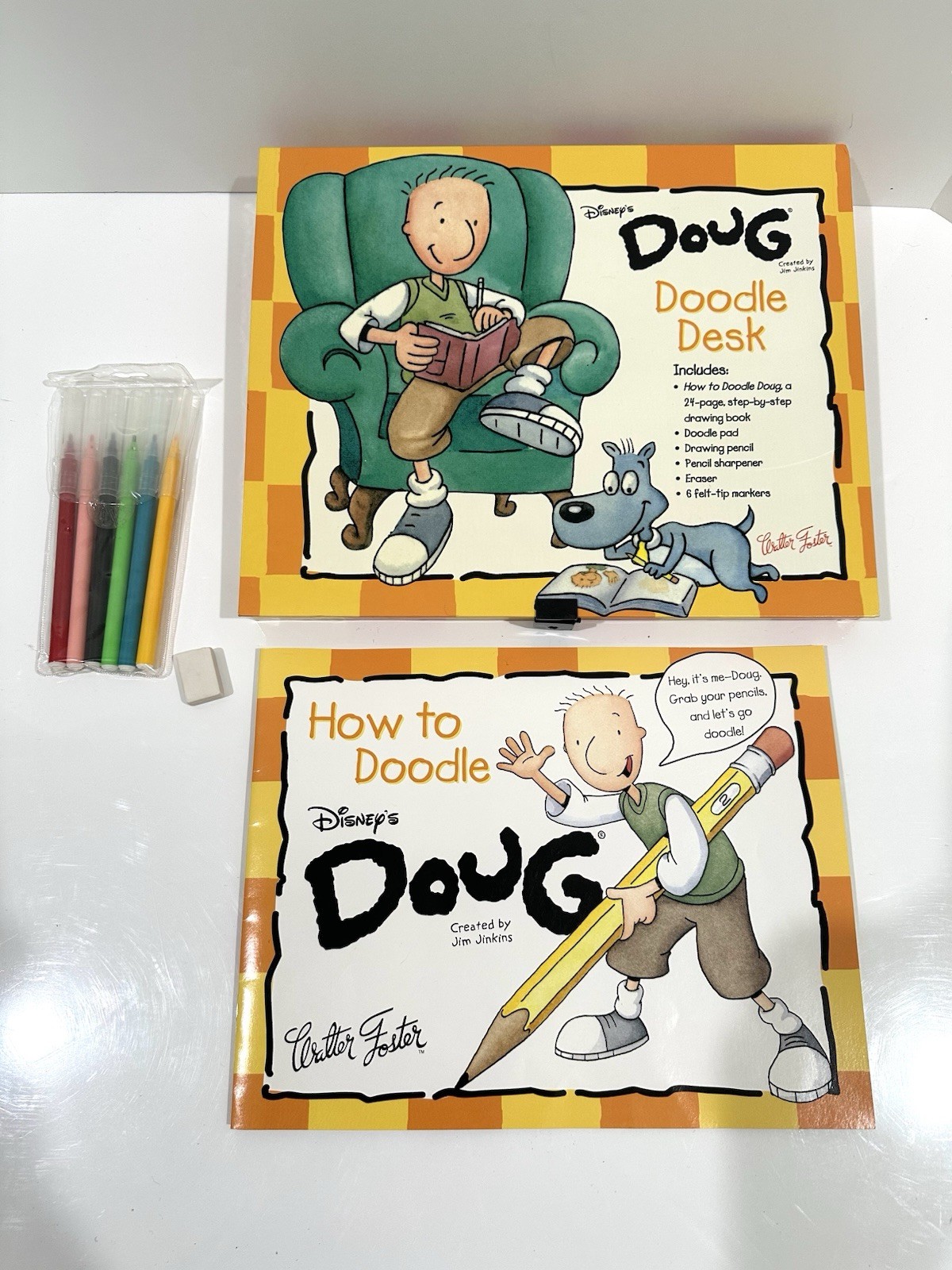 Rare Vintage 1999 Disney Doug Nickelodeon Drawing Doodle Desk w Markers & Book Rare Vintage 1999 Disney Doug Nickelodeon Drawing Doodle Desk w Markers & Book