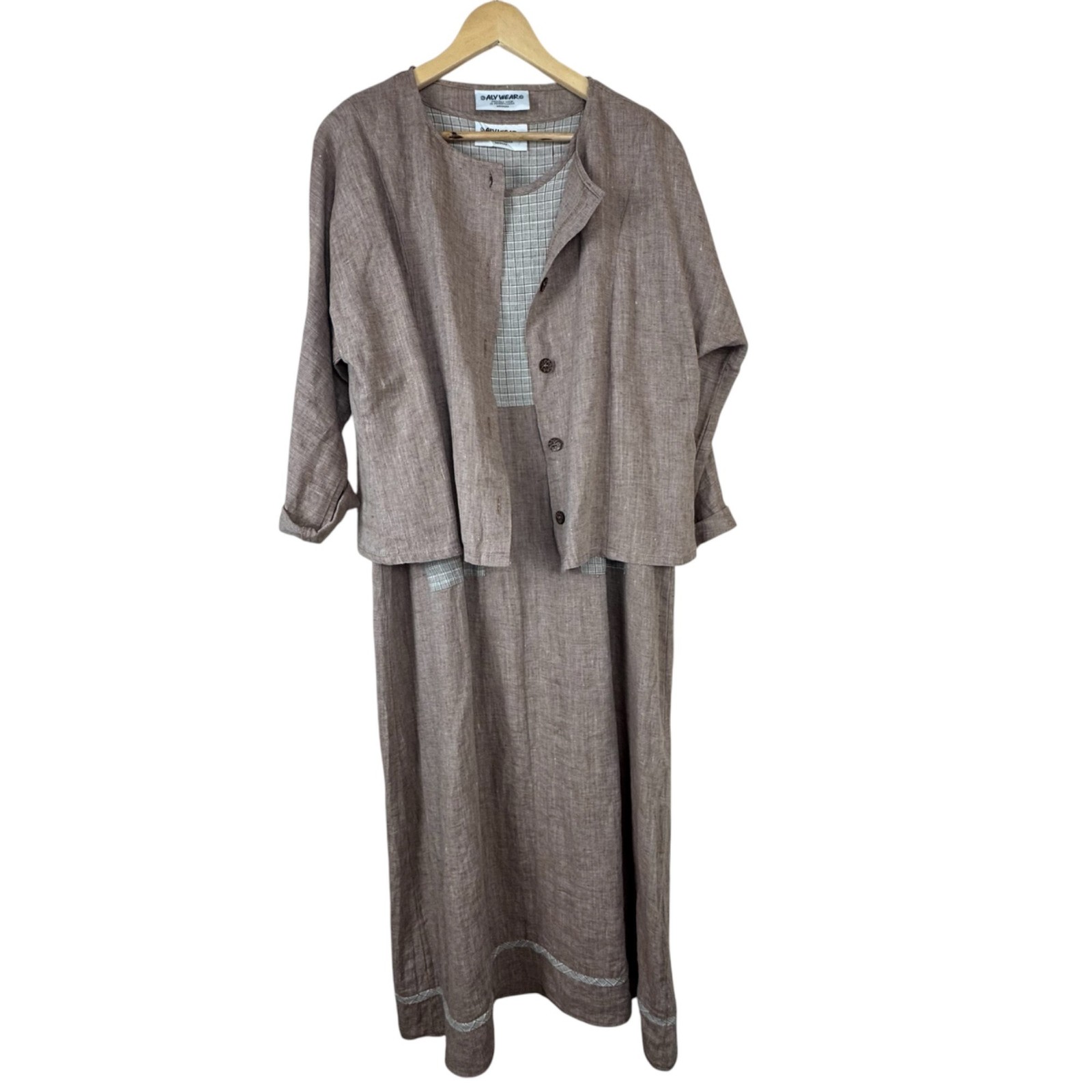 Aly Wear Vintage 100% Linen Tank Dress Shirt Medium USA Lagenlook Casual Beige 