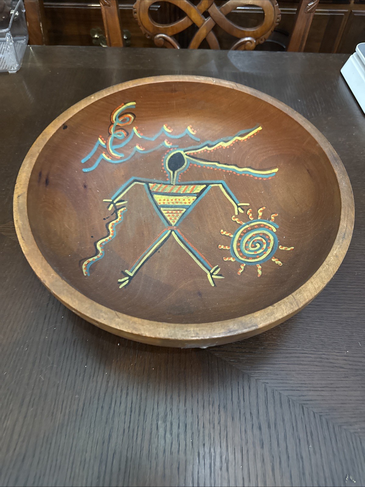 Vintage Primitive Hand Painted Wooden Shallow Bowl, Native American Vintage Primitive Hand Painted Wooden Shallow Bowl, Native American