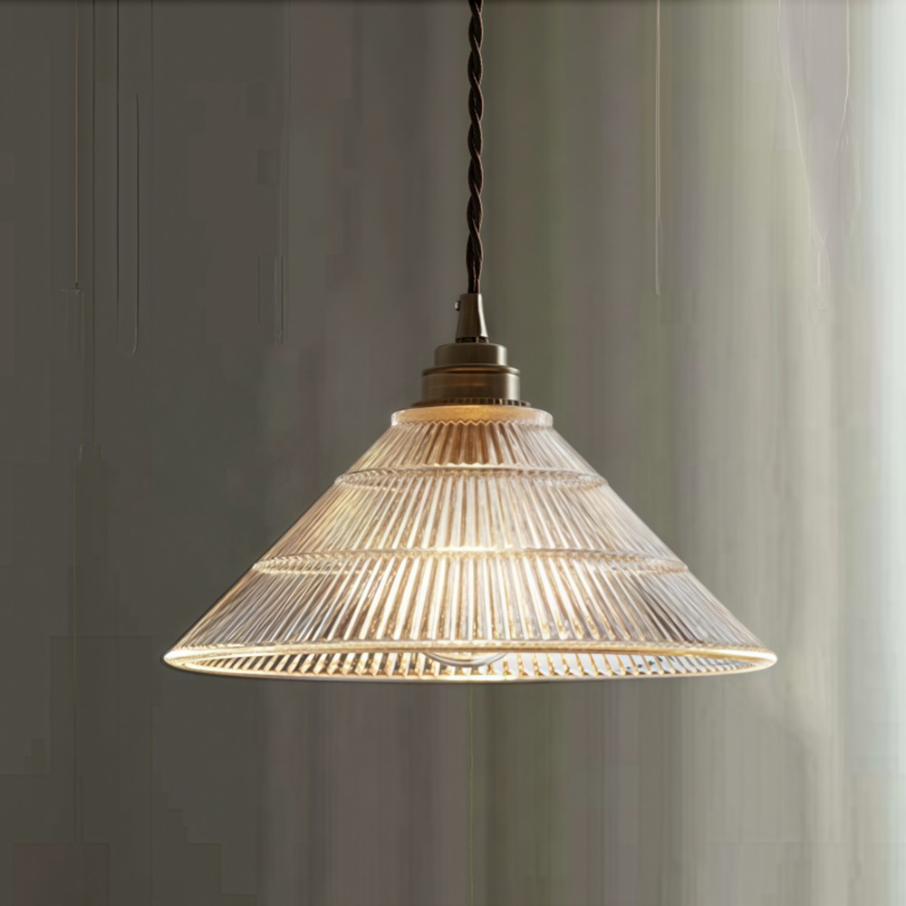 Vintage Clear Ribbed Glass Pendant Light Cone Shape Hanging Ceiling Lamp Kitchen