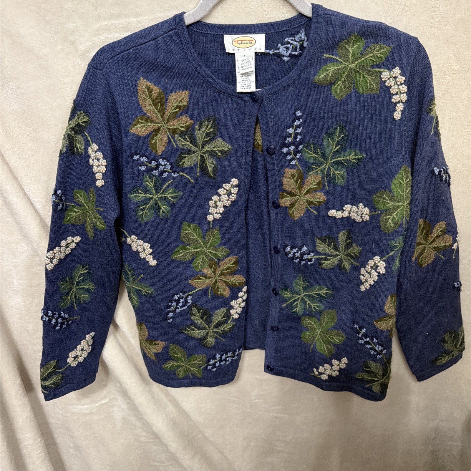 Talbots VTG Fall Leaves Cardigan Small Petite Wool /Cotton Leaves Textured Talbots VTG Fall Leaves Cardigan Small Petite Wool /Cotton Leaves Textured