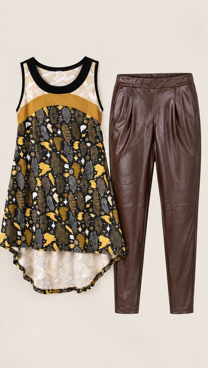 SUXE Womens 2 Piece Sleeveless Abstract High Low Tunic & Brown Pants Outfit Set SUXE Womens 2 Piece Sleeveless Abstract High Low Tunic & Brown Pants Outfit Set
