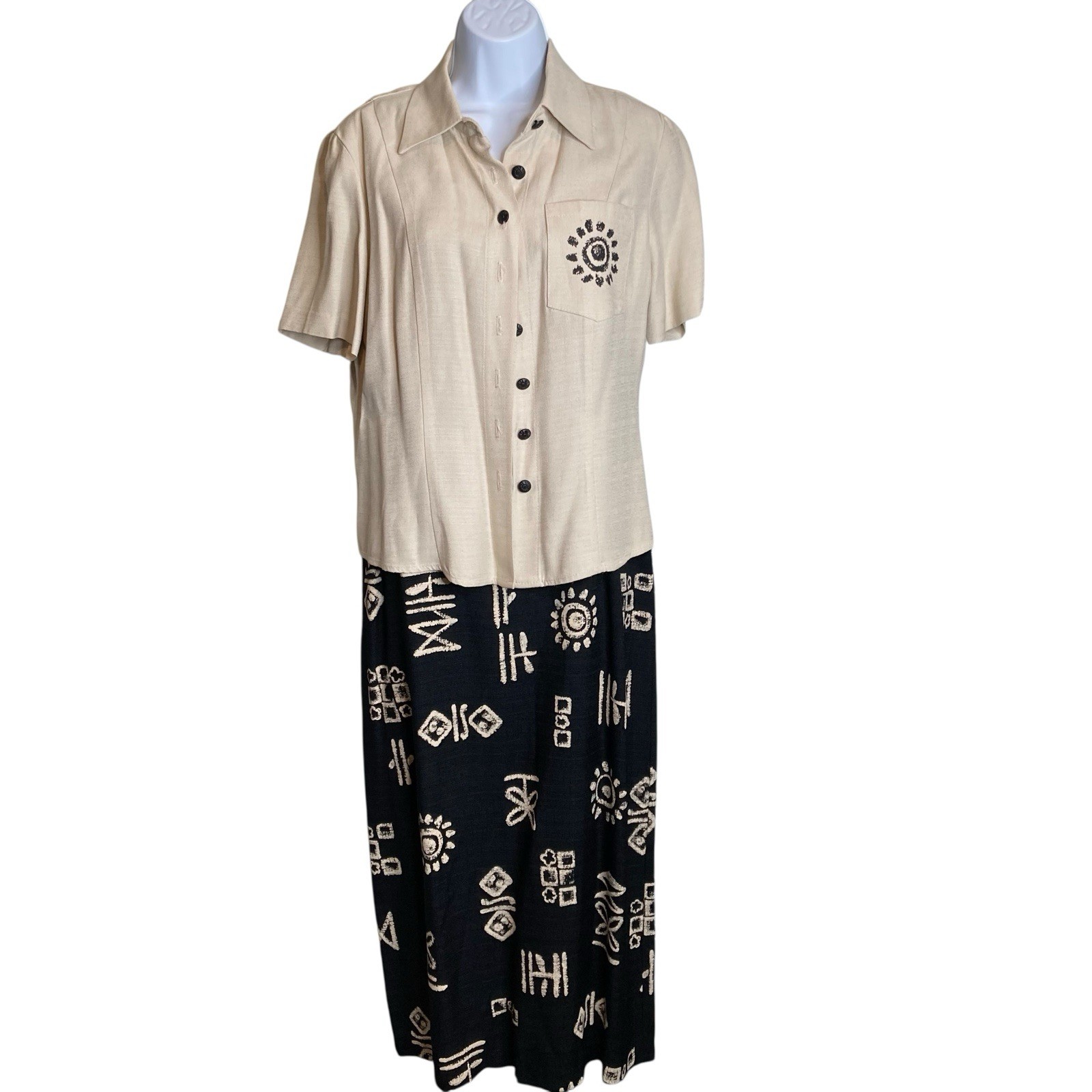 Vintage DJ & Co Women\'s Cream Black Two Piece Blouse Midi Skirt Set Size 8 Retro