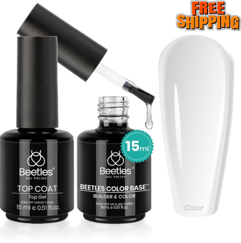 Beetles Gel Top Coat & Clear Rubber Base Gel Polish Set, 2Pcs 15ml for Nail Art