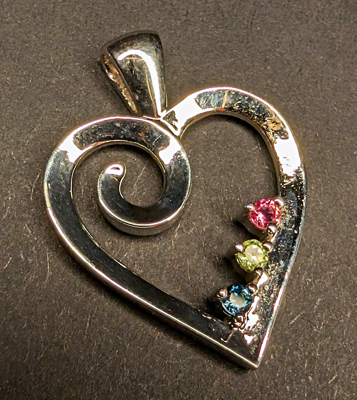 14K White Gold Heart Charm Pendant Signed White w/ 3 Multicolor Accents
