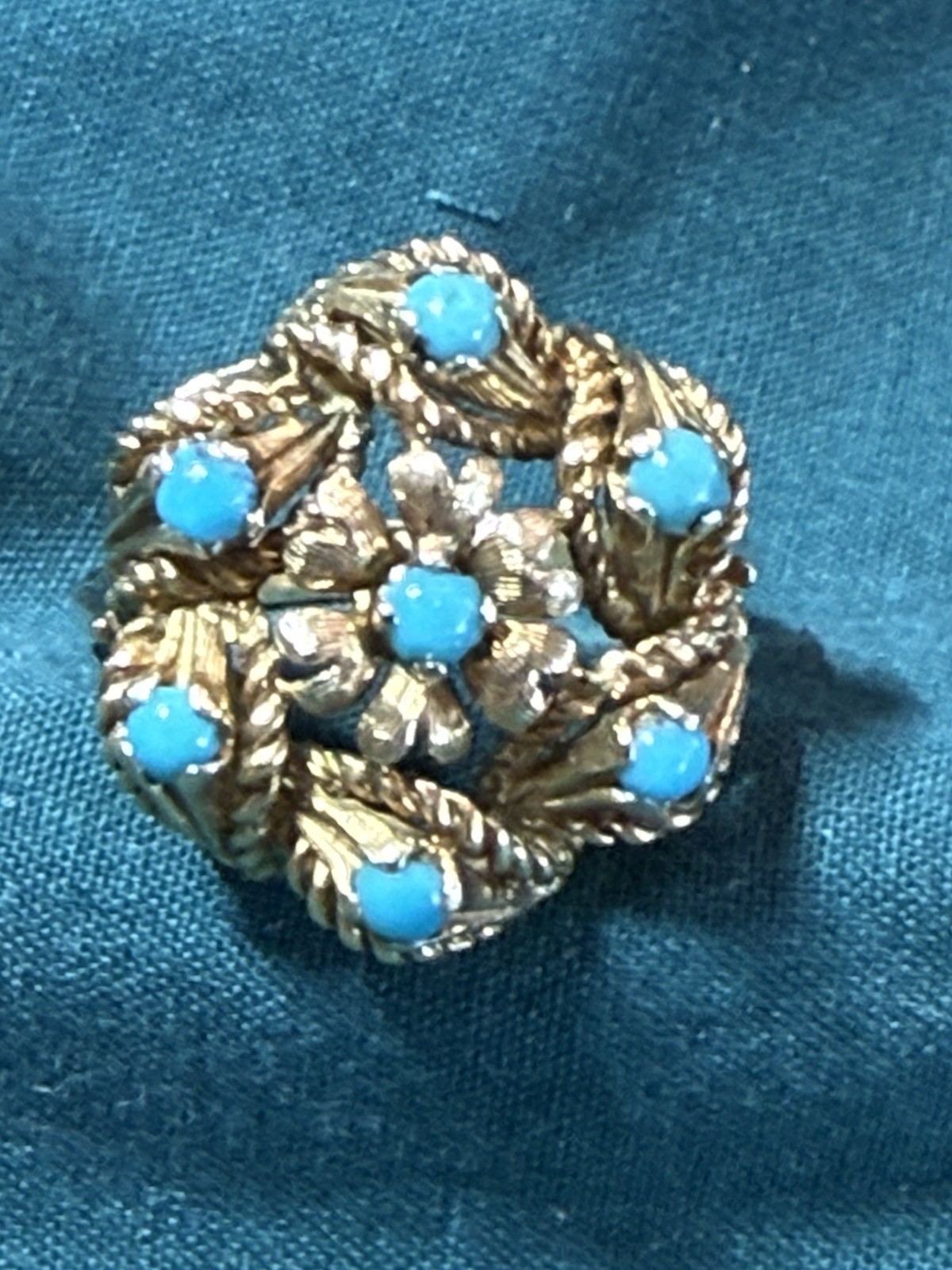 Vintage 18K Yellow Gold Turquoise Cluster Flower Cocktail Ring 6.3g Size 6.75