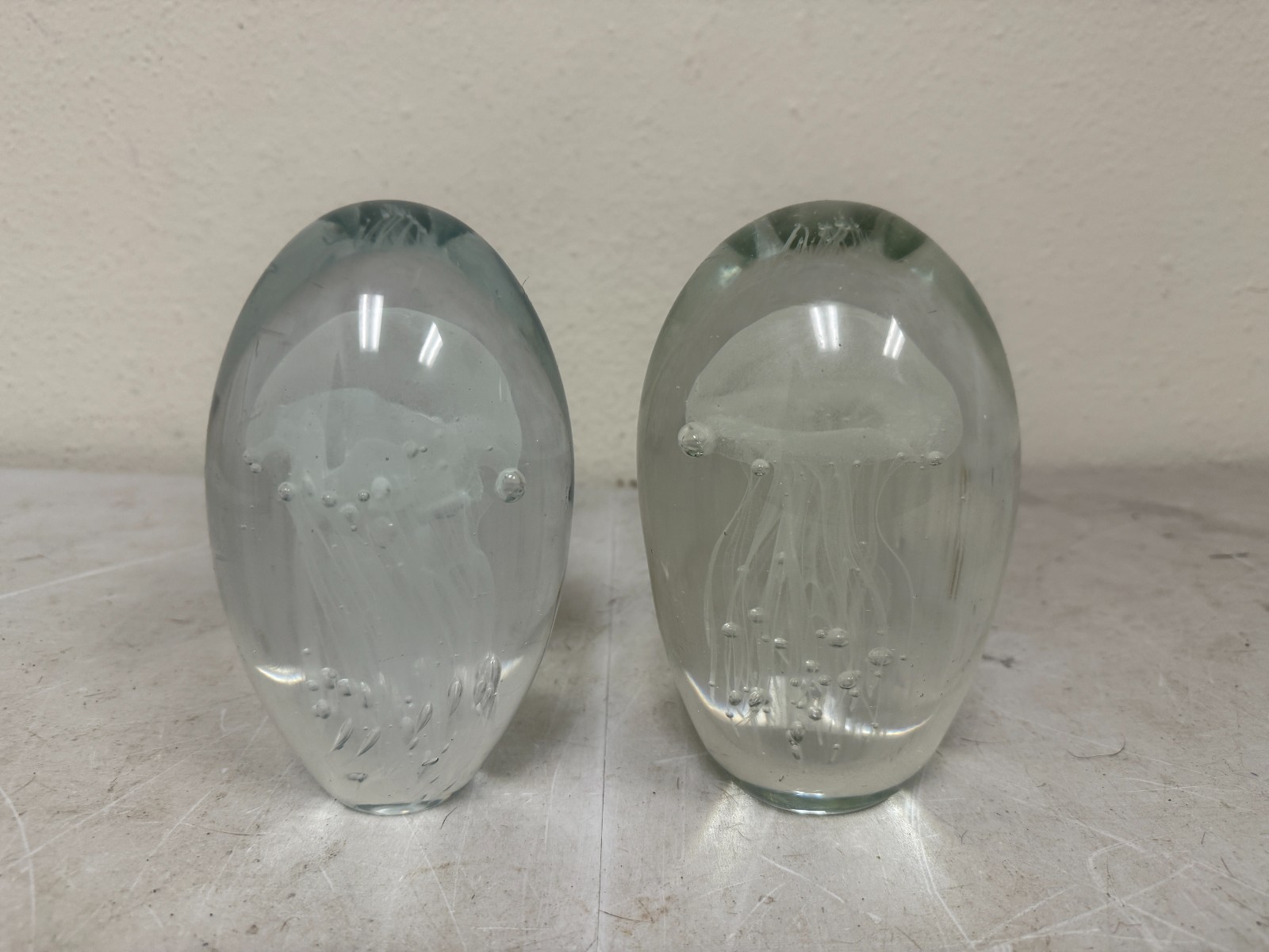 Pair Clear Glass Jellyfish Ocean Marine Art Paperweights