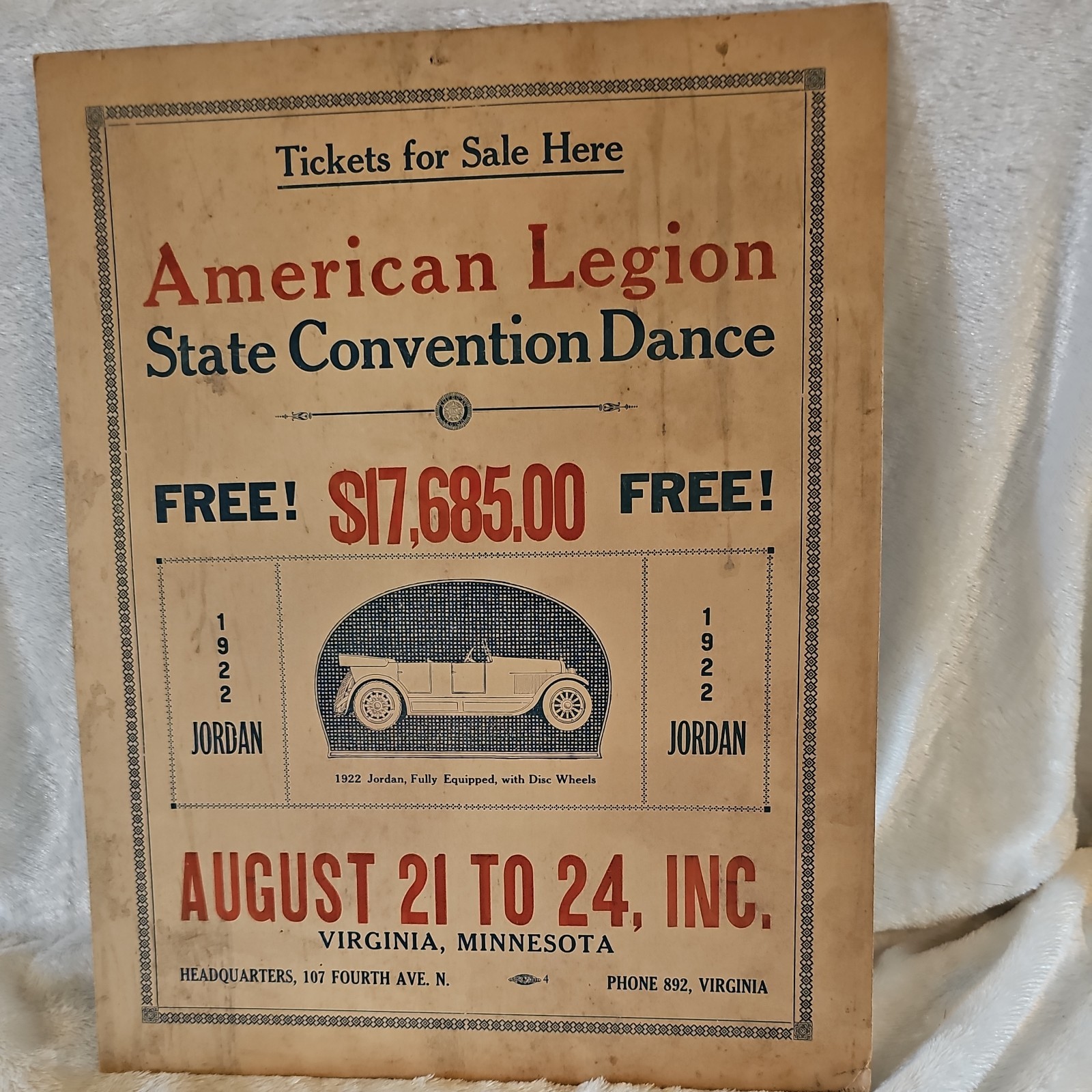 Vtg 1922 Am Legion Poster Virginia MN Jordon Auto Drawing Advertisement Vtg 1922 Am Legion Poster Virginia MN Jordon Auto Drawing Advertisement