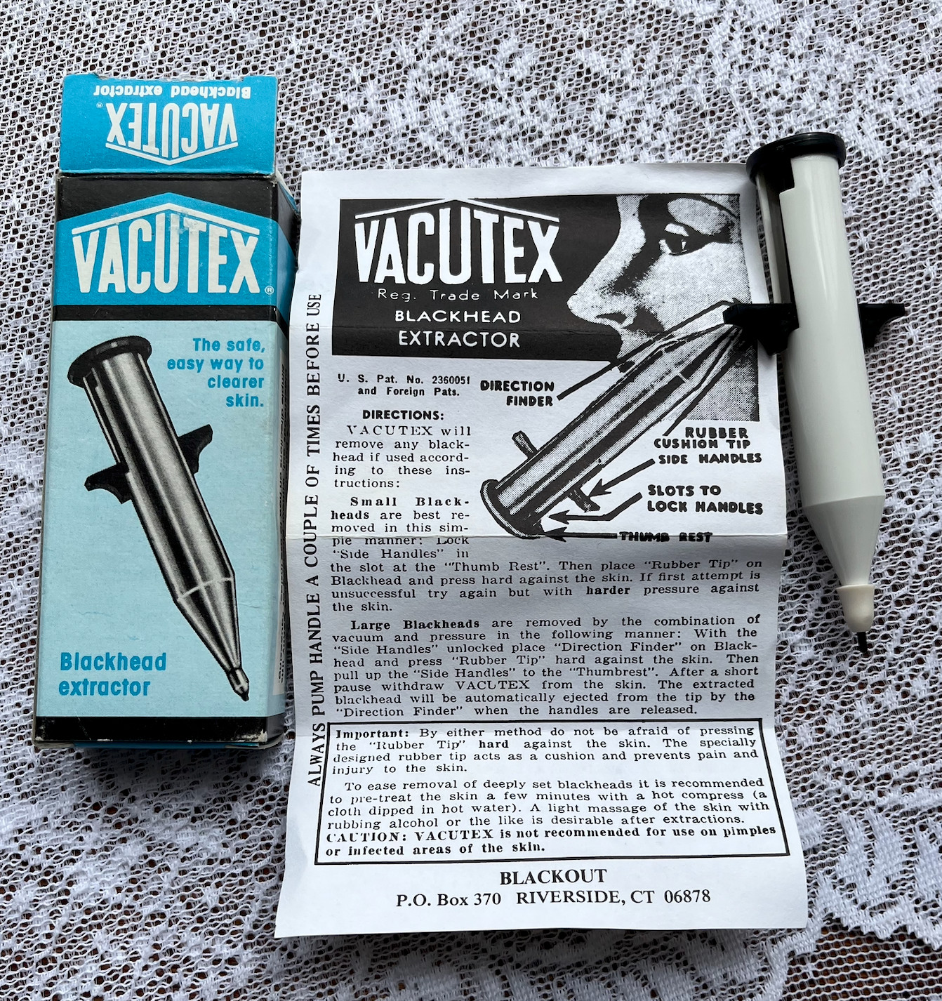 Antique 1950’s VACUTEX Blackhead Remover witOriginal Box, Extractor and pamphlet Antique 1950’s VACUTEX Blackhead Remover witOriginal Box, Extractor and pamphlet