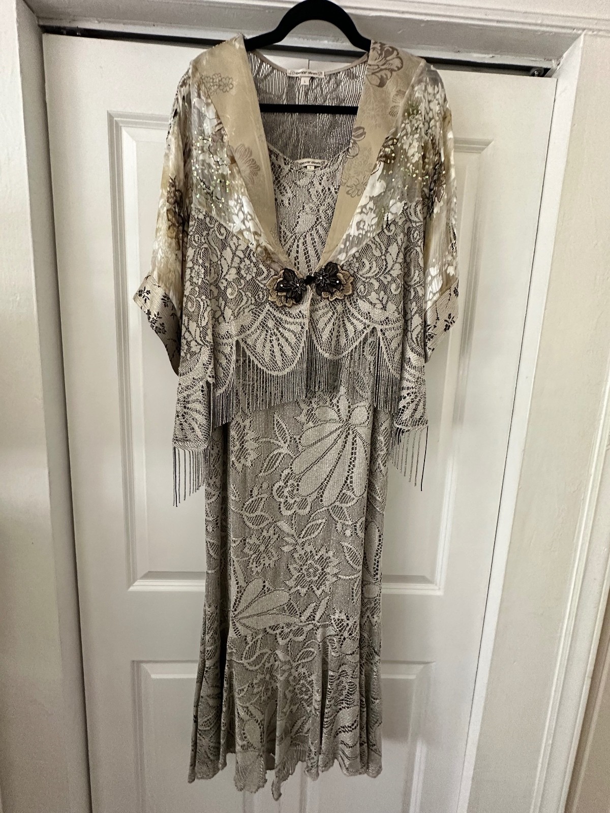 Vintage Spencer Alexis Metallic Lace Fringe Dress & Jacket Set 90s Y2K Sz Large