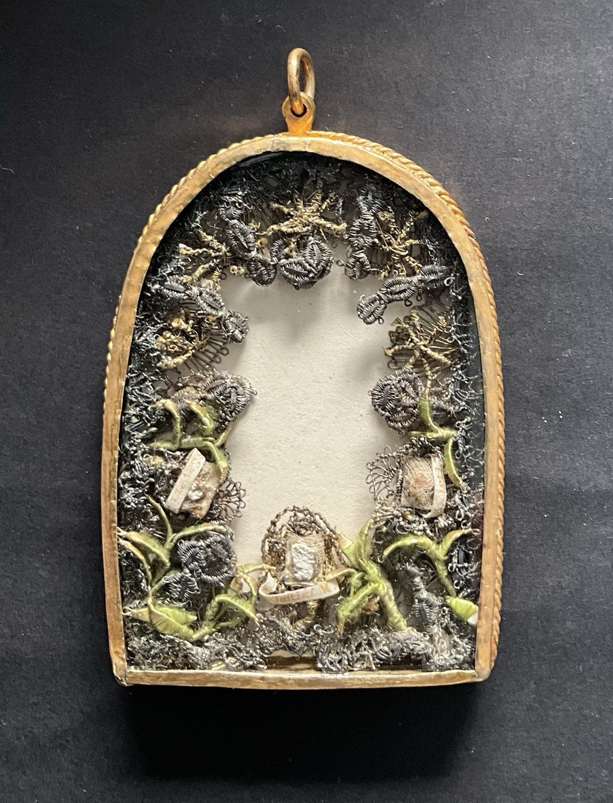 17th-18th C Antique Reliquary Pendant 3 Saint Relics Gilt Brass Old Glass