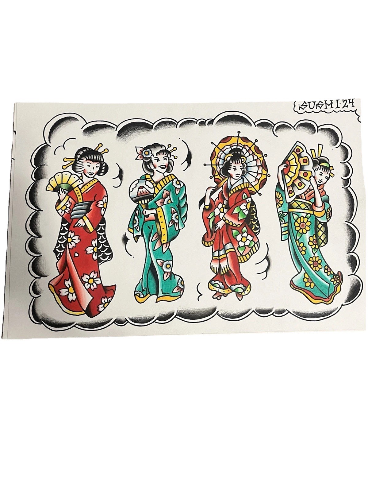 VINTAGE OG Traditional Japanese shop Used Tattoo Flash Sheet Dragon, Samurai