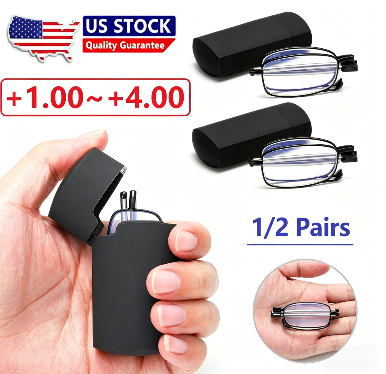 1/2 Pairs Anti-Blue Metal Compact Folding Light Reading Glasses w/Carrying Case 1/2 Pairs Anti-Blue Metal Compact Folding Light Reading Glasses w/Carrying Case