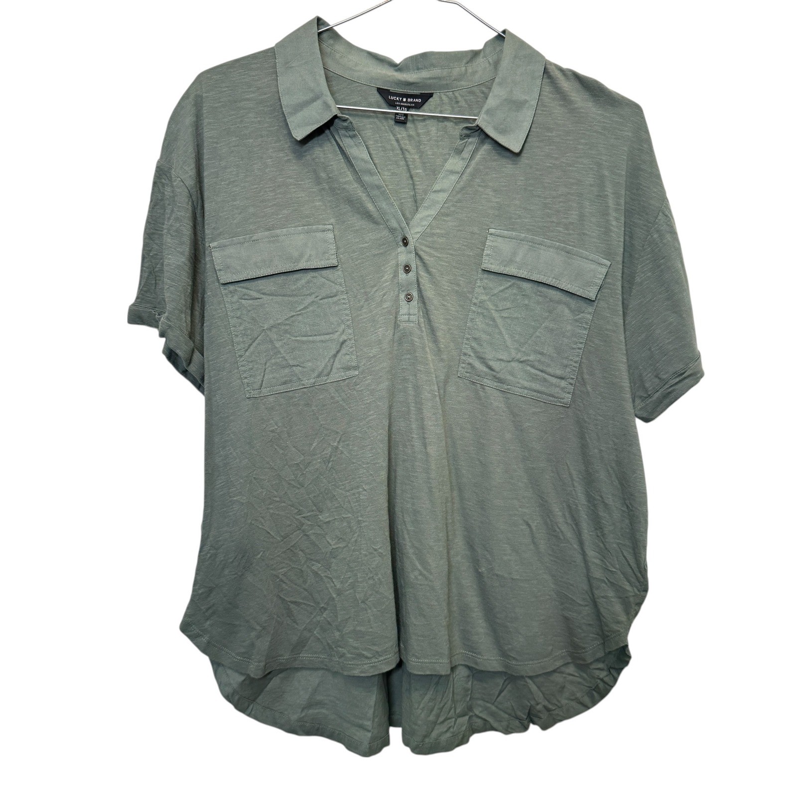 Lucky Brand Womens Henley Top XL Green Short Sleeve Pocket Cotton Boho Utility