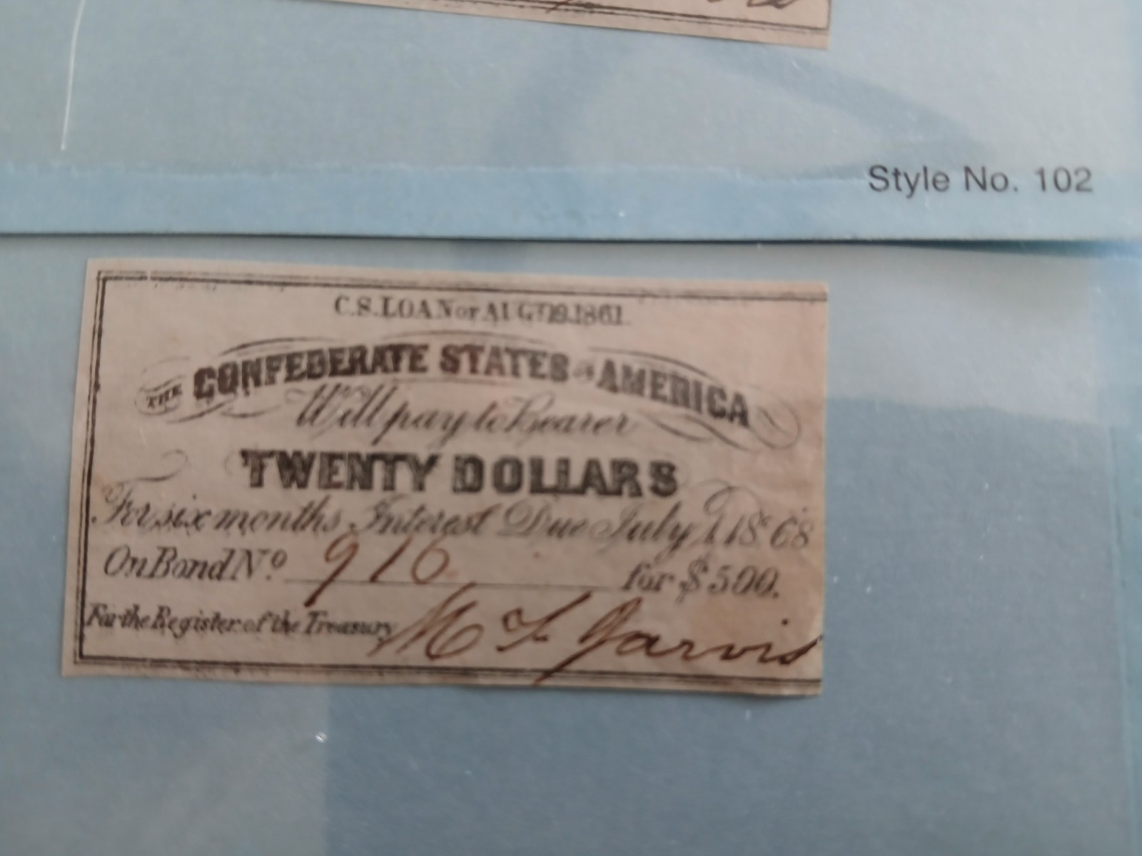 1 (ONE) 1861 $20 Confederate Bond Coupon – C.S. Loan Civil War 