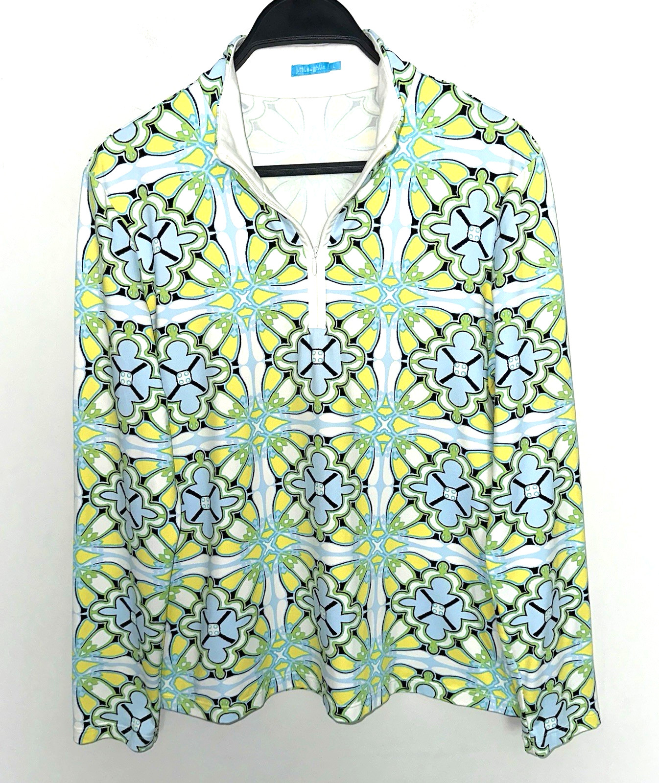 J McLAUGHLIN Size Large Catalina Cloth 1/4 Zip Pullover Top Floral Geometric
