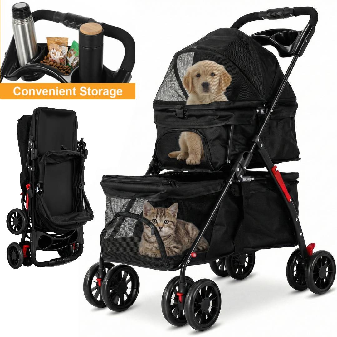 Full-Window Double Pet Stroller 4 Lockable Wheels for Cats & Dogs, with Cup Hold