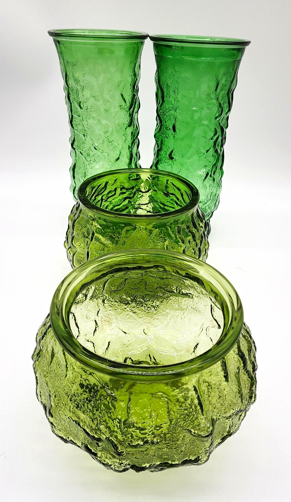 Vintage E.O. Brody Green Glass Vases Planters 4 Pc Lot MCM Avocado Textured