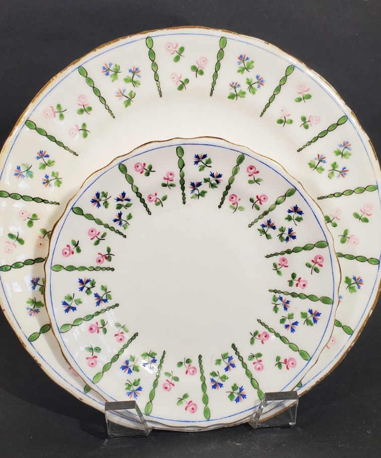 2 Antique Minton Plates Pink Rosebuds Green Dots Cornflower G5987 c.1882