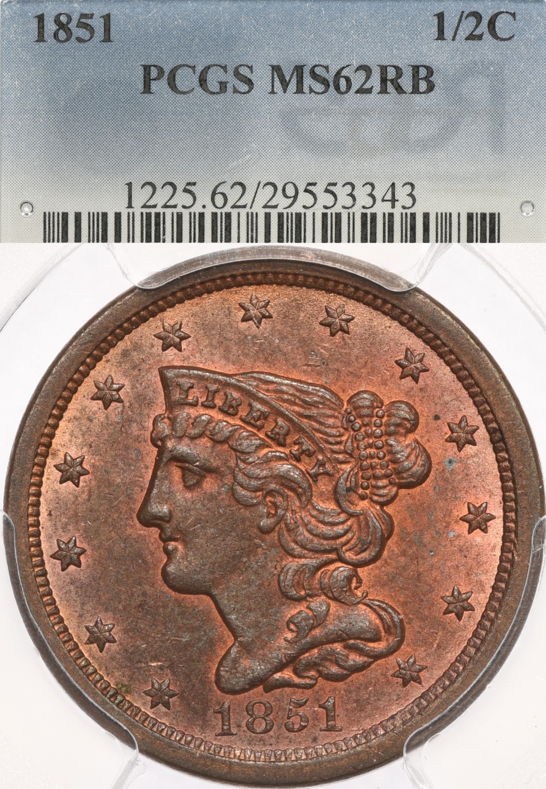 1851 1/2C PCGS MS62 RB Braided Hair Half Cent Red Brown Copper