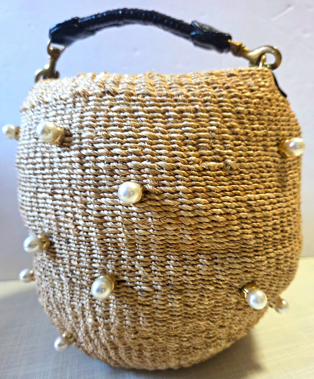 Clare V. Natural Woven Straw Small Bucket Bag Pearl Accents Top Handle