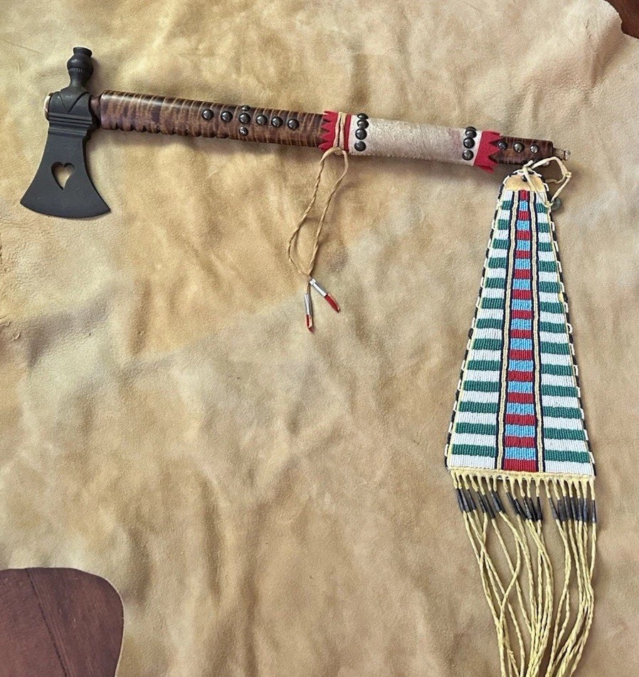 Vintage Pipe Tomahawk With Beaded Drop Curly Maple Shaft Brass Tacks Raw Hide